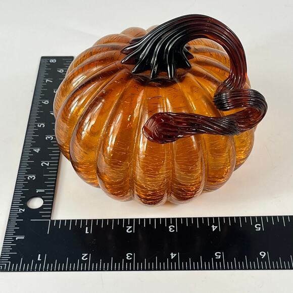 Mouth Blown Amber Art Glass Pumpkin Orange Crackle Curly Stem Handmade Handblown - Picture 8 of 12